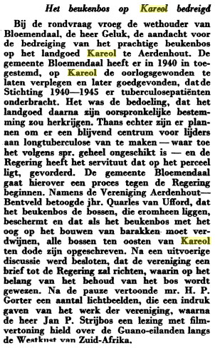 Artikel in De Kampioen van april 1948 op blz. 88: Het beukenbos op Kareol bedreigd.